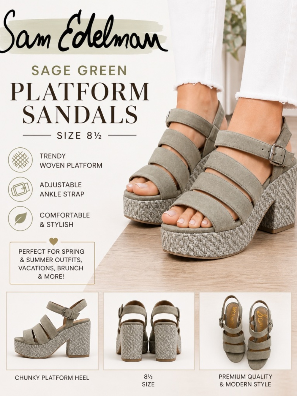 Sam Edelman Sage Green Platform Sandals Size 8.5